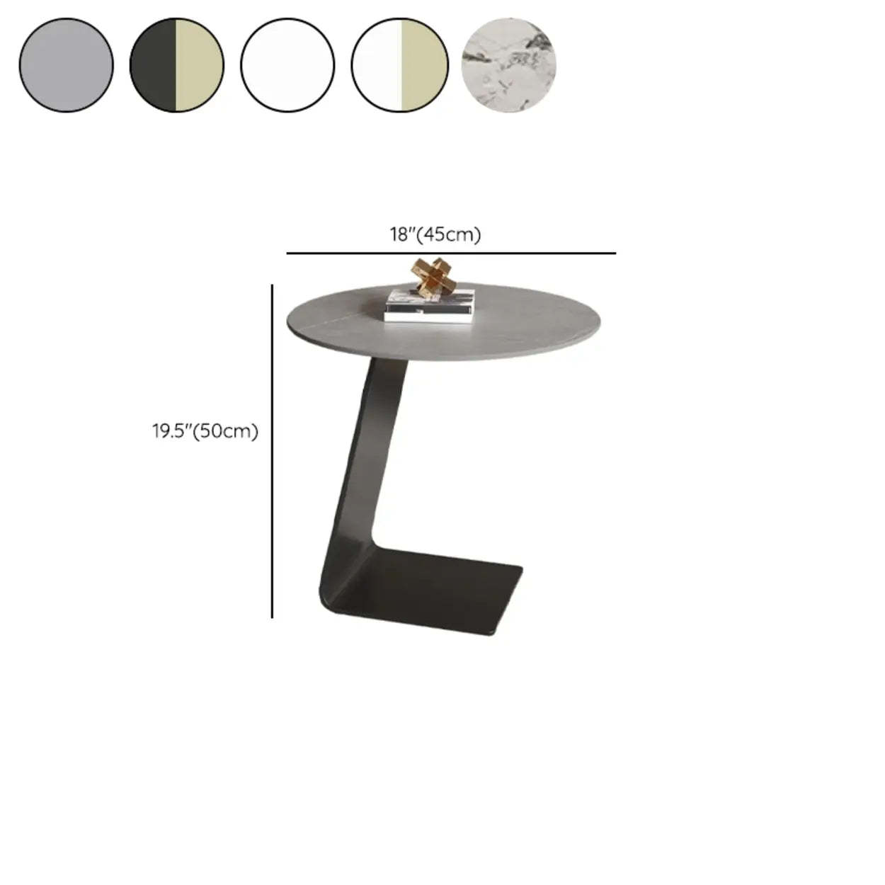 Round Black C-Shape Marble Chairside Table — Tempered Glass / Gray