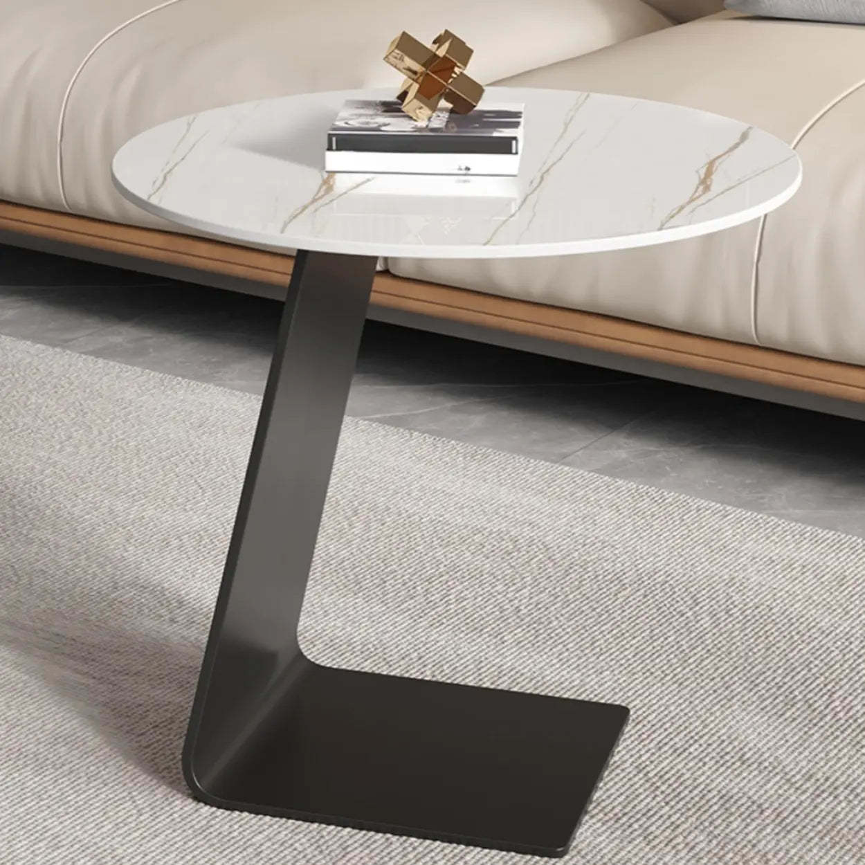 Round Black C-Shape Marble Chairside Table — Rock Beam / Black/ Gold