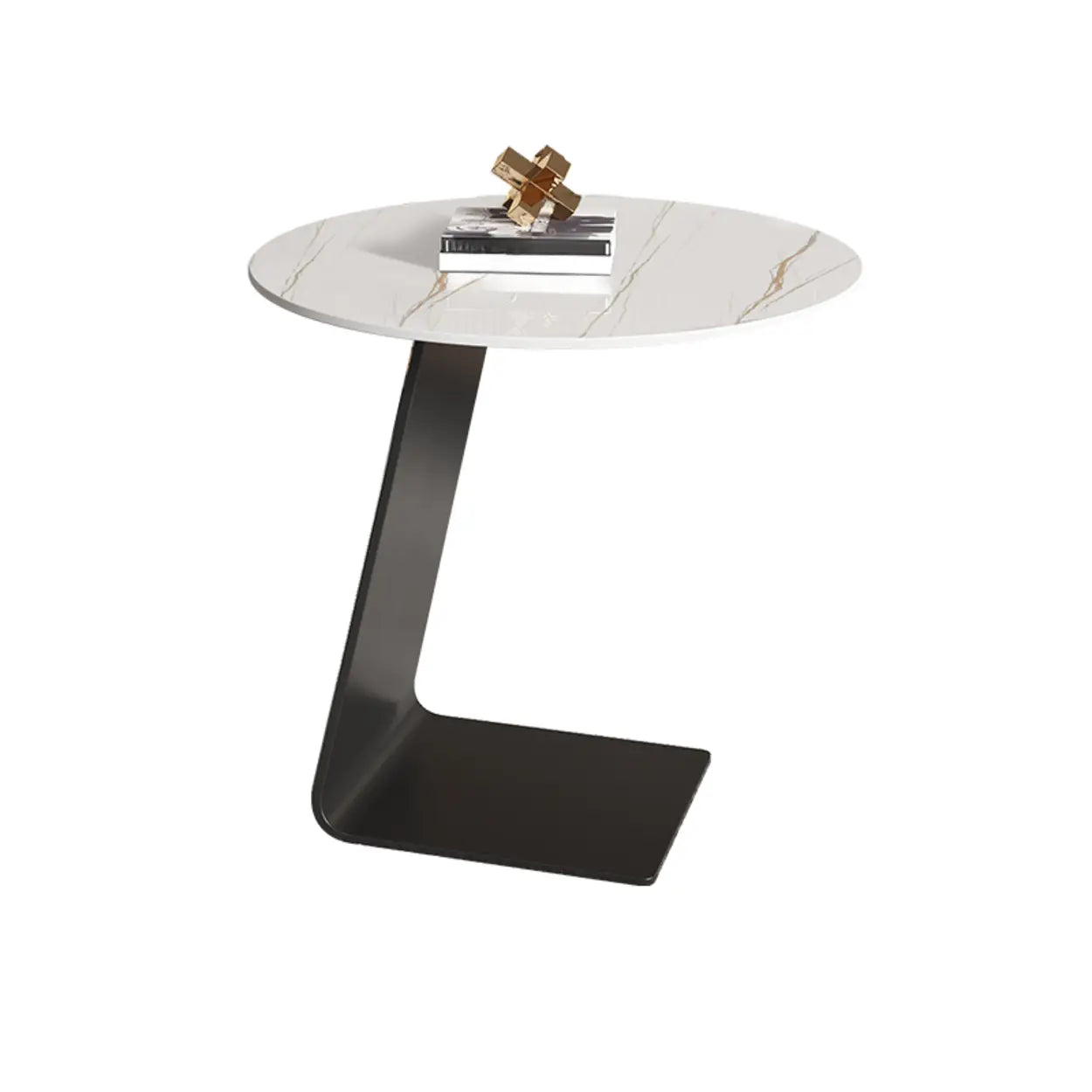 Round Black C-Shape Marble Chairside Table — Tempered Glass / Gray