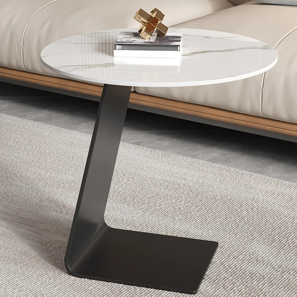 Round Black C-Shape Marble Chairside Table — Rock Beam / Gray