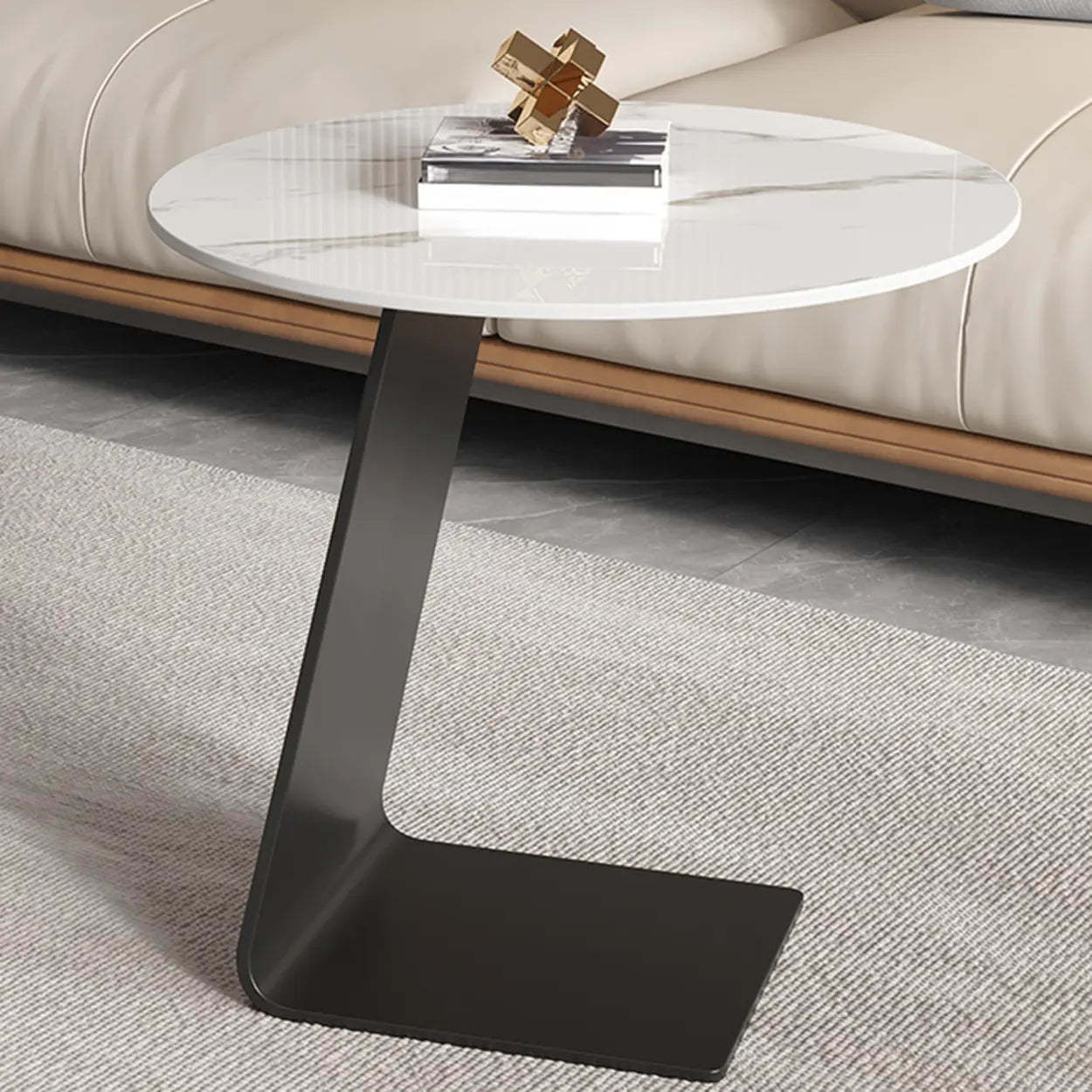 Round Black C-Shape Marble Chairside Table — Rock Beam / Gray