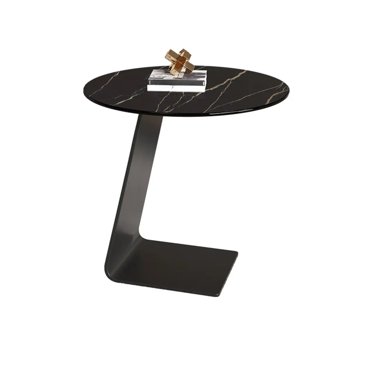 Round Black C-Shape Marble Chairside Table — Rock Beam / White