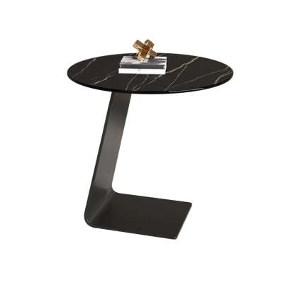 Round Black C-Shape Marble Chairside Table — Rock Beam / White