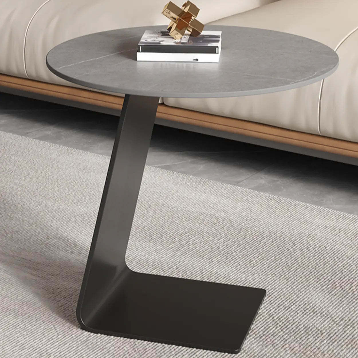 Round Black C-Shape Marble Chairside Table — Rock Beam / Black/ Gold