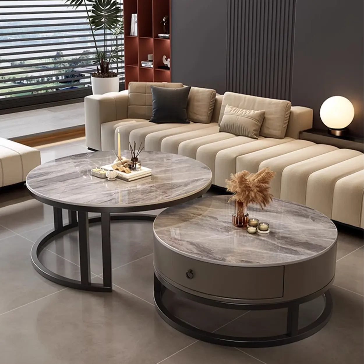 Round Stone Steel Frame Nesting Coffee Tables — Black / Gray