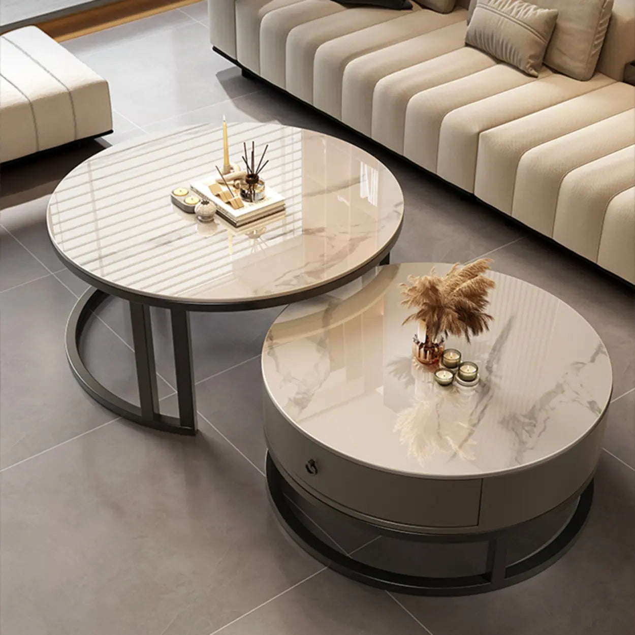 Round Stone Steel Frame Nesting Coffee Tables — Black / Grey/ Black