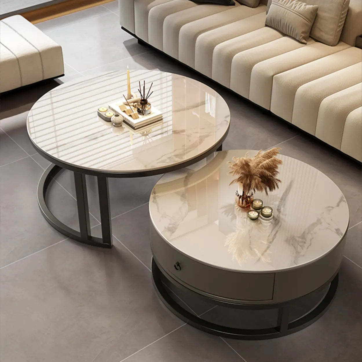 Round Stone Steel Frame Nesting Coffee Tables — Black / Grey/ Black