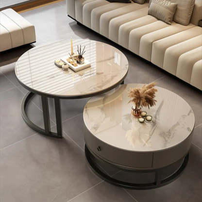 Round Stone Steel Frame Nesting Coffee Tables — Black / Grey/ Black