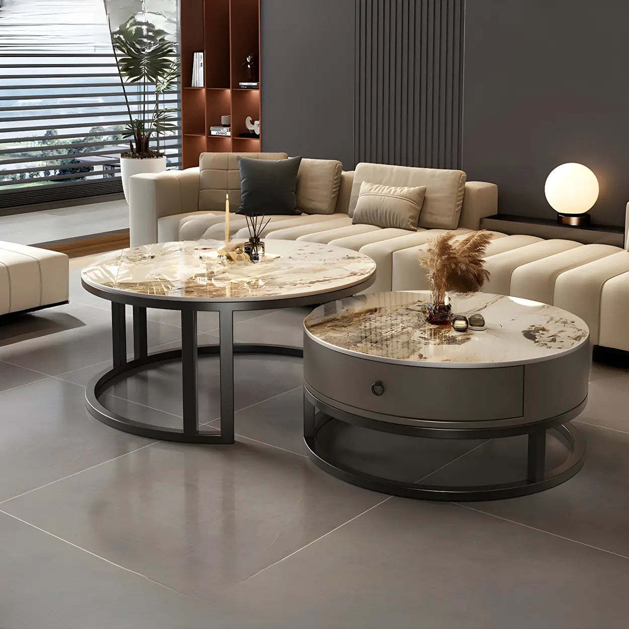 Round Stone Steel Frame Nesting Coffee Tables — Black / White/ White