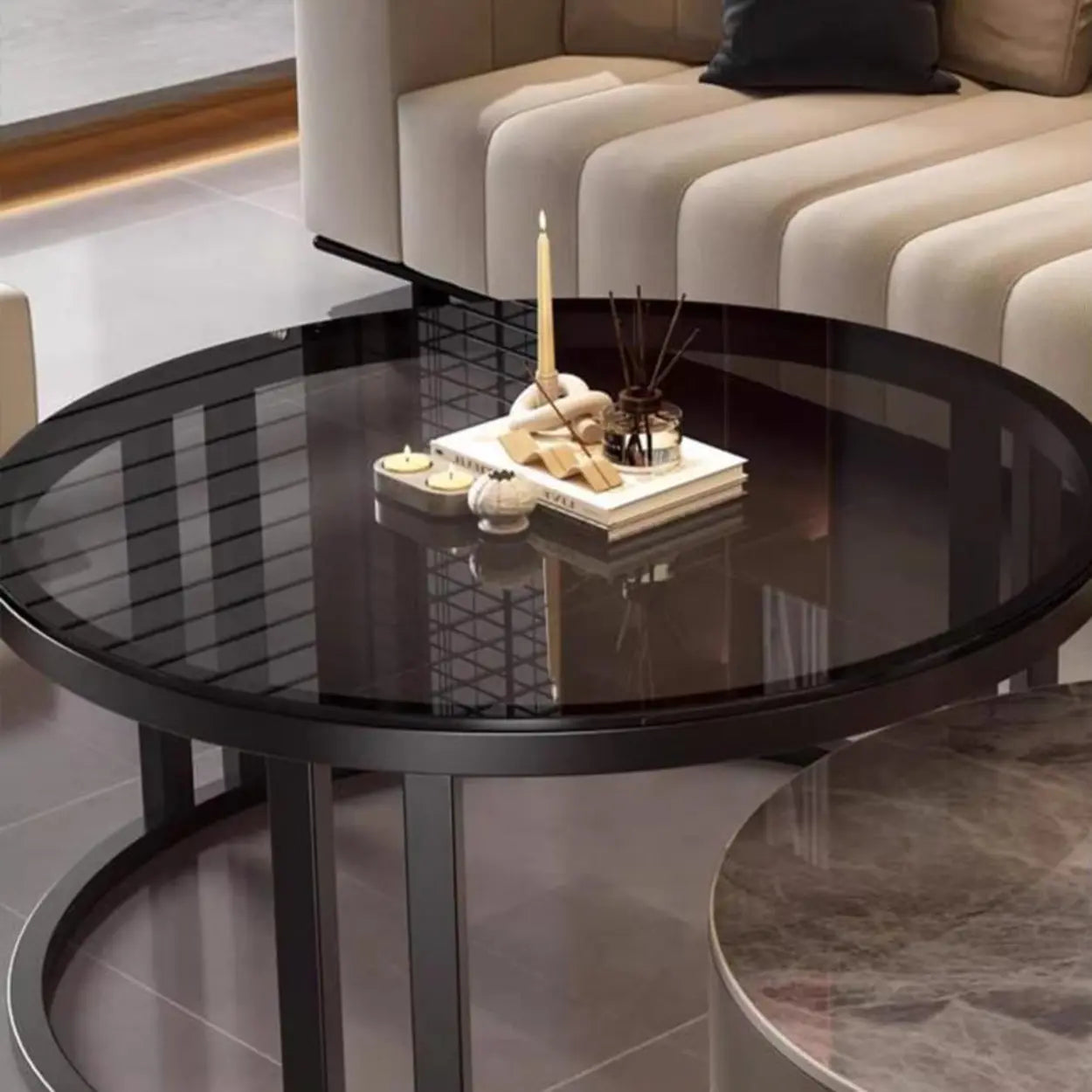 Round Stone Steel Frame Nesting Coffee Tables — Gold / Pandora/ Tawny