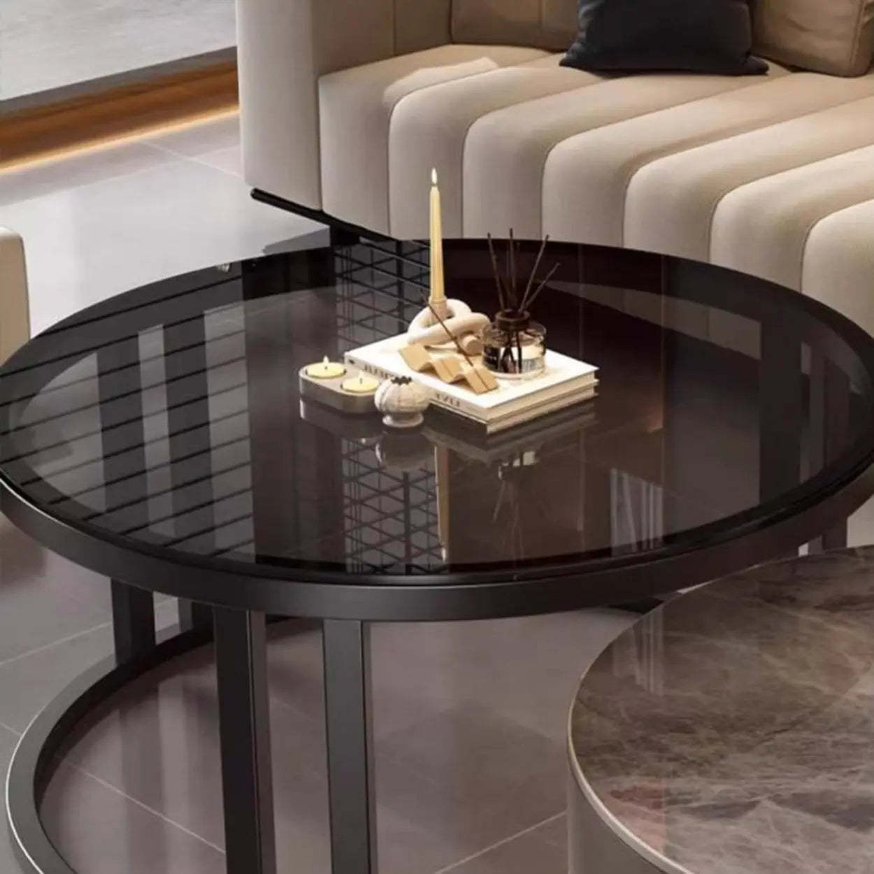 Round Stone Steel Frame Nesting Coffee Tables — Gold / Pandora/ Tawny