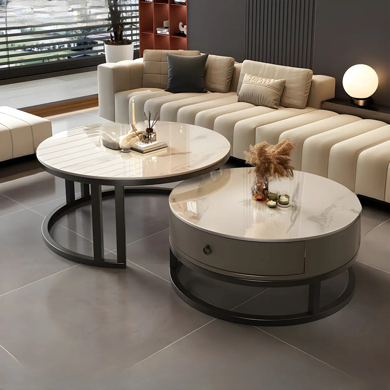 Round Stone Steel Frame Nesting Coffee Tables