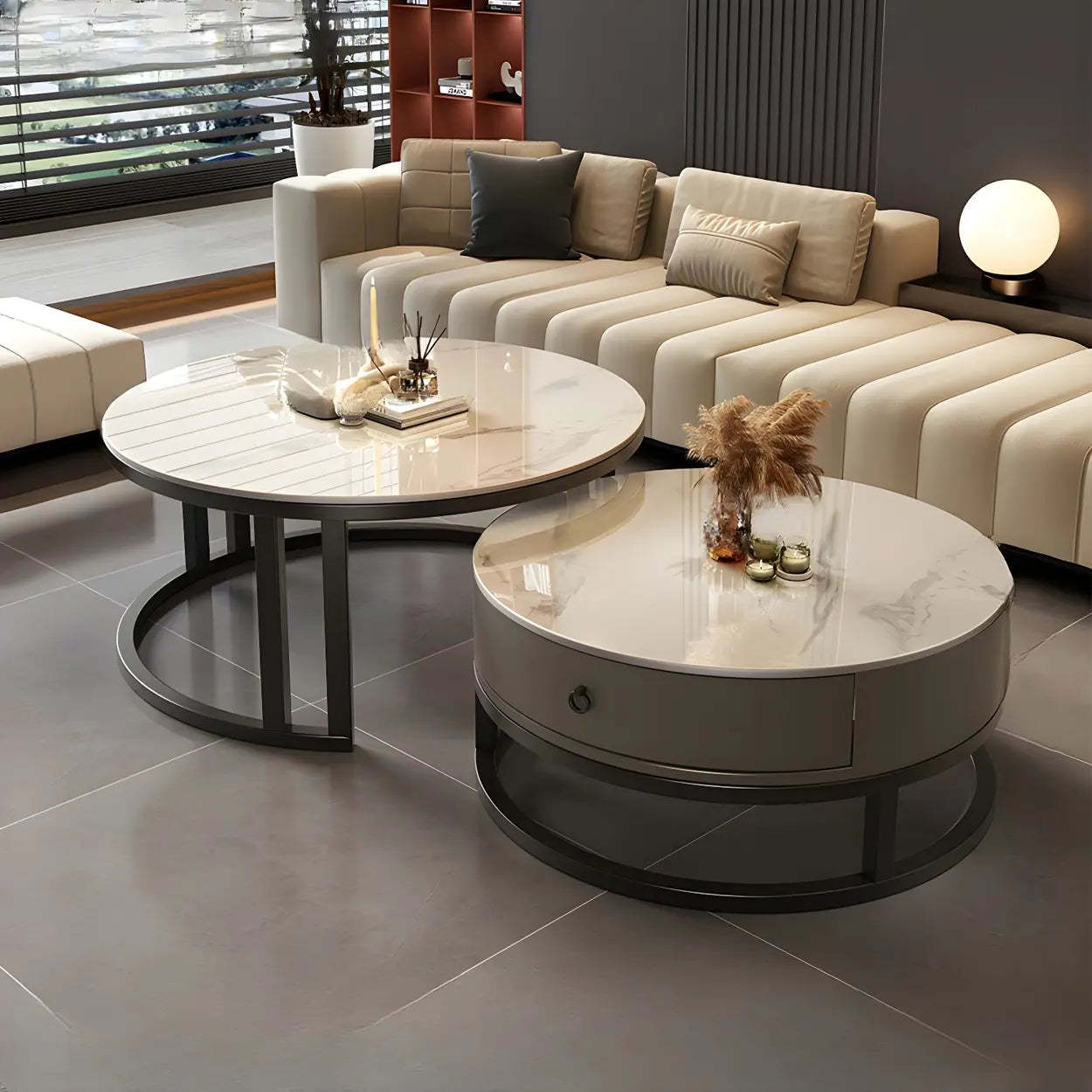 Round Stone Steel Frame Nesting Coffee Tables
