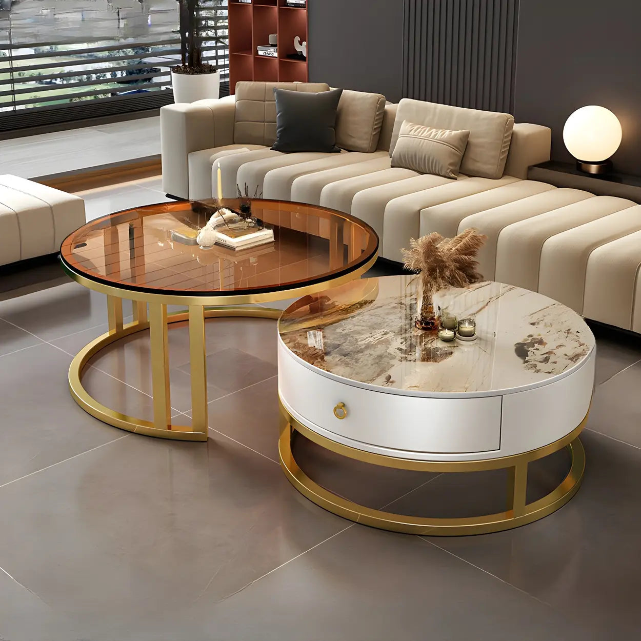 Round Stone Steel Frame Nesting Coffee Tables