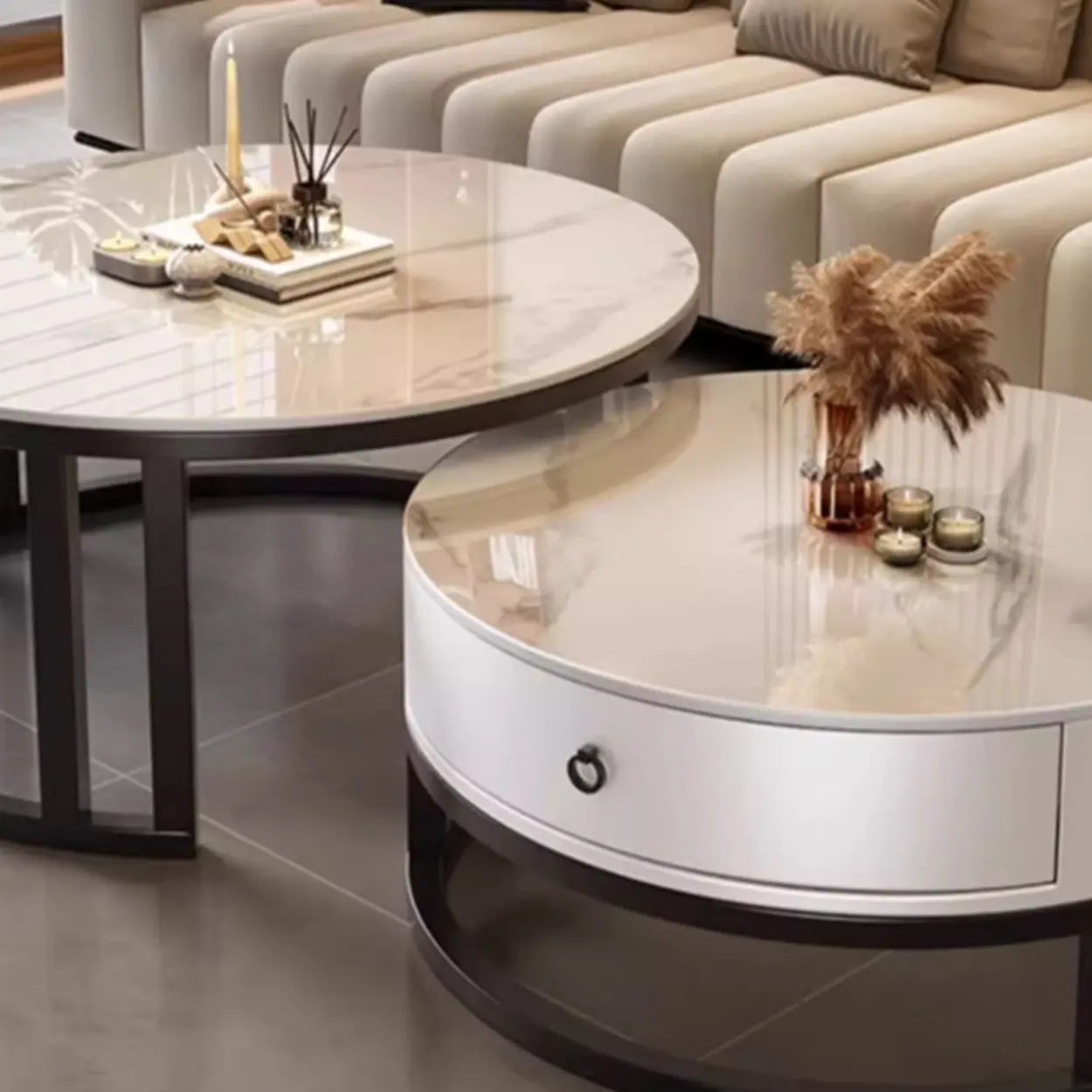 Round Stone Steel Frame Nesting Coffee Tables