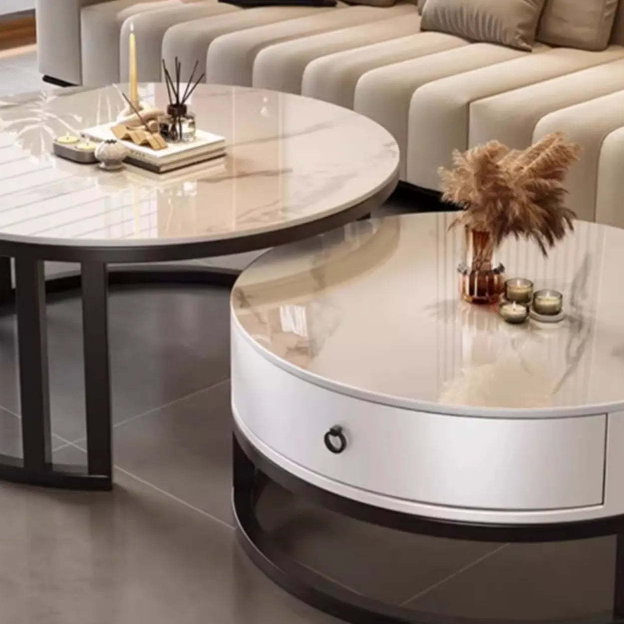 Round Stone Steel Frame Nesting Coffee Tables