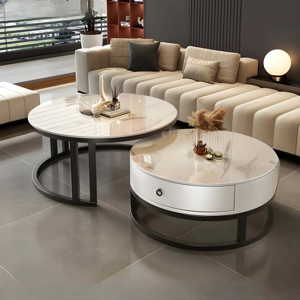 Round Stone Steel Frame Nesting Coffee Tables