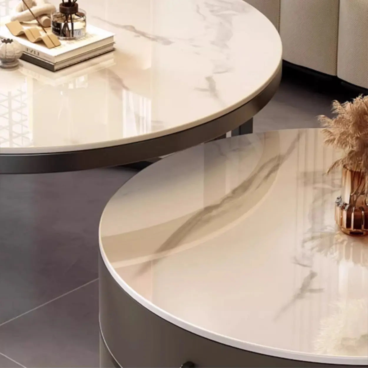 Round Stone Steel Frame Nesting Coffee Tables