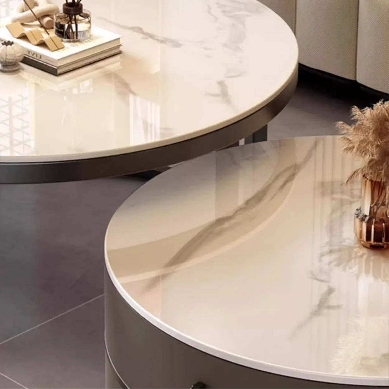 Round Stone Steel Frame Nesting Coffee Tables