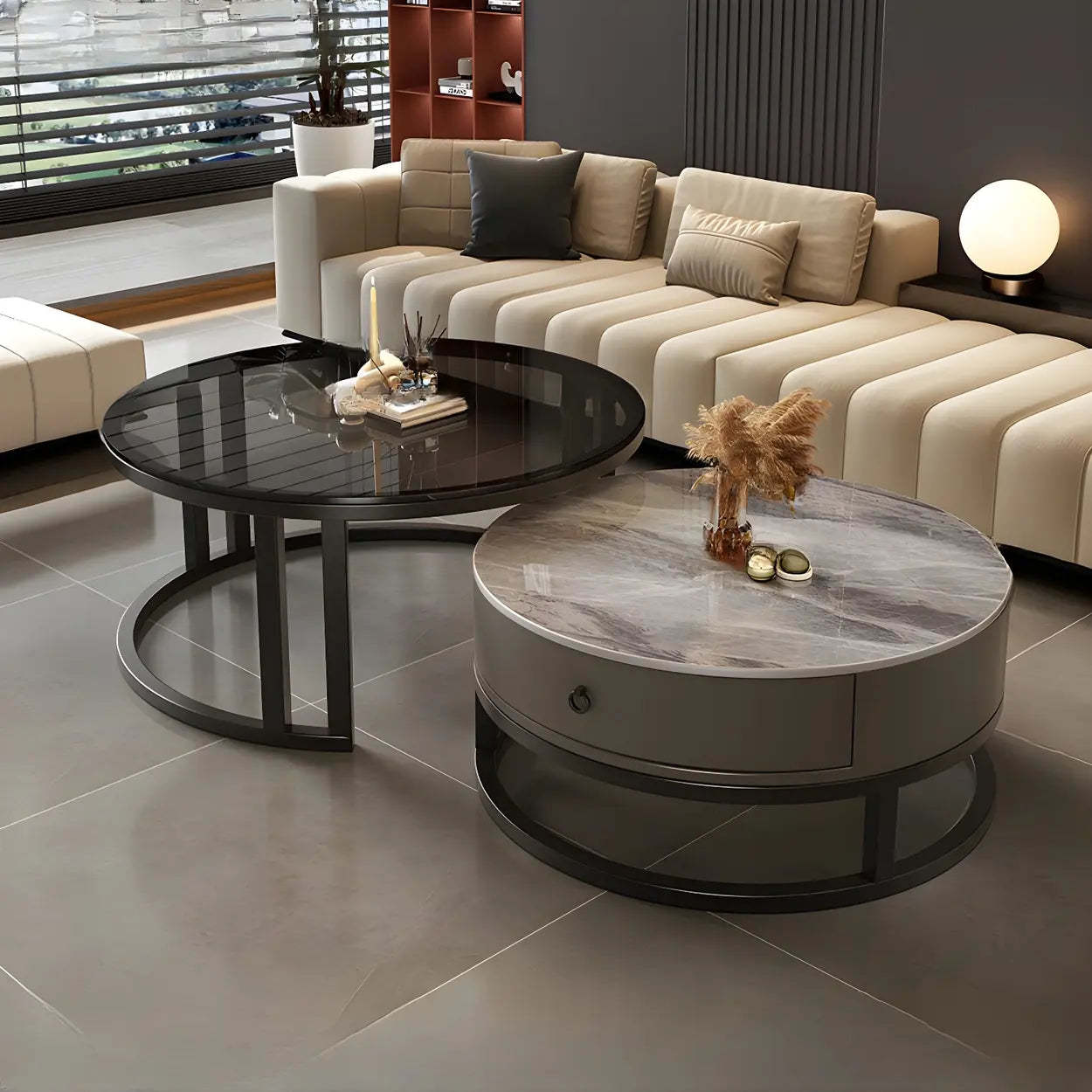 Round Stone Steel Frame Nesting Coffee Tables