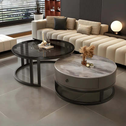 Round Stone Steel Frame Nesting Coffee Tables