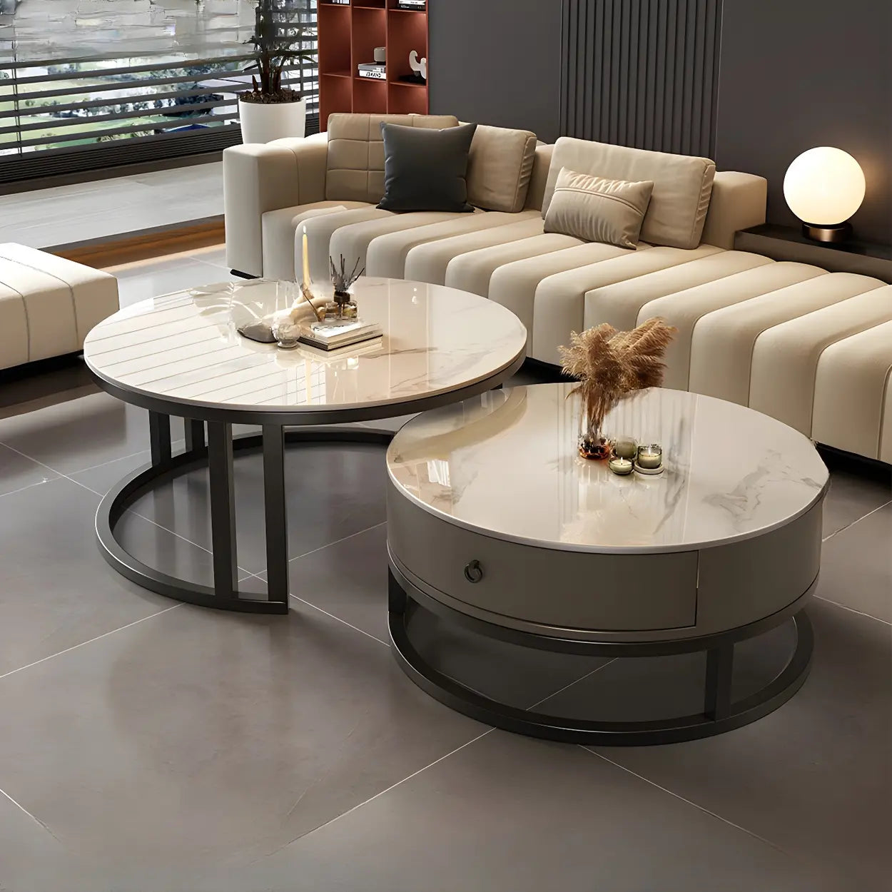 Round Stone Steel Frame Nesting Coffee Tables — Black / White