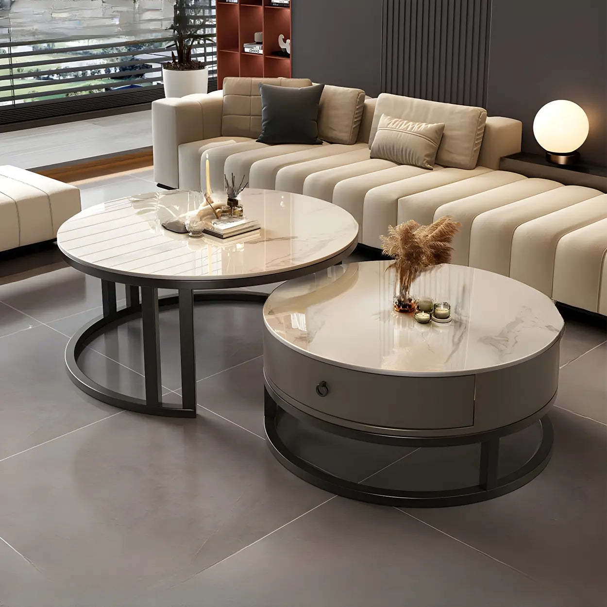 Round Stone Steel Frame Nesting Coffee Tables — Black / White