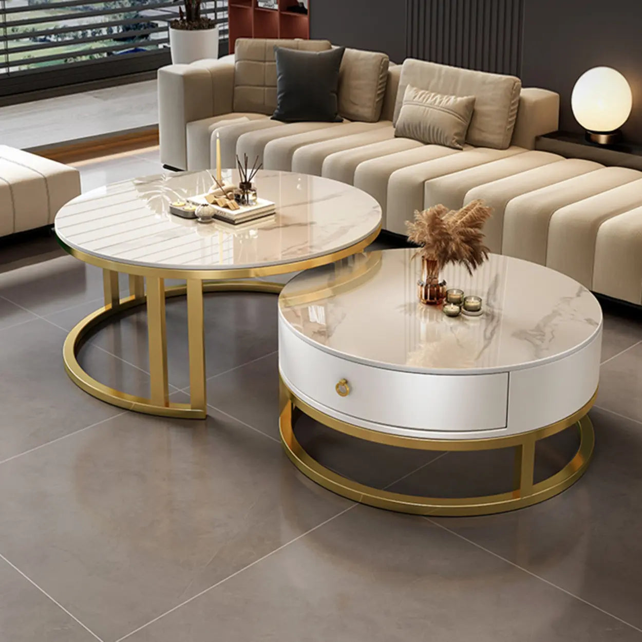 Round Stone Steel Frame Nesting Coffee Tables