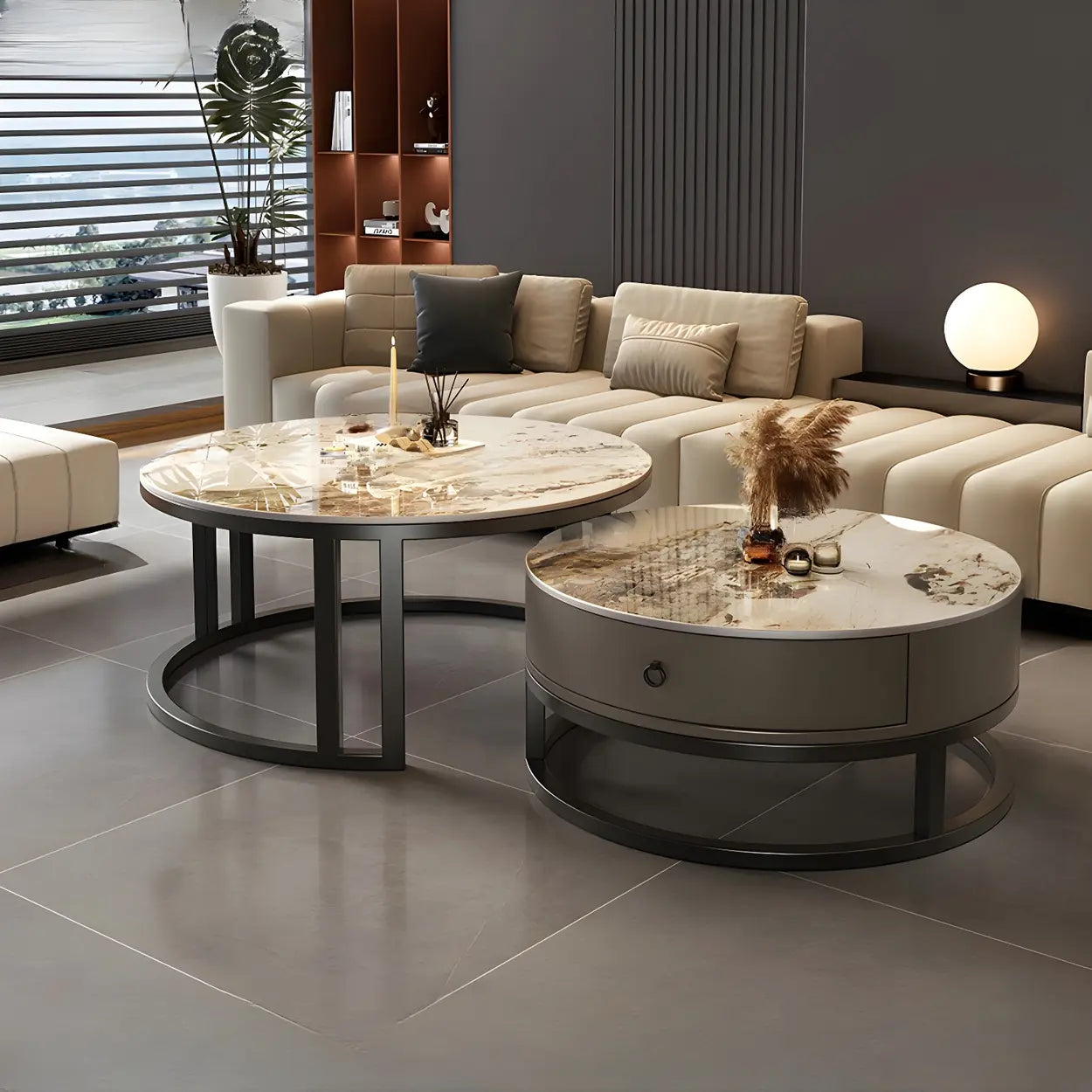 Round Stone Steel Frame Nesting Coffee Tables