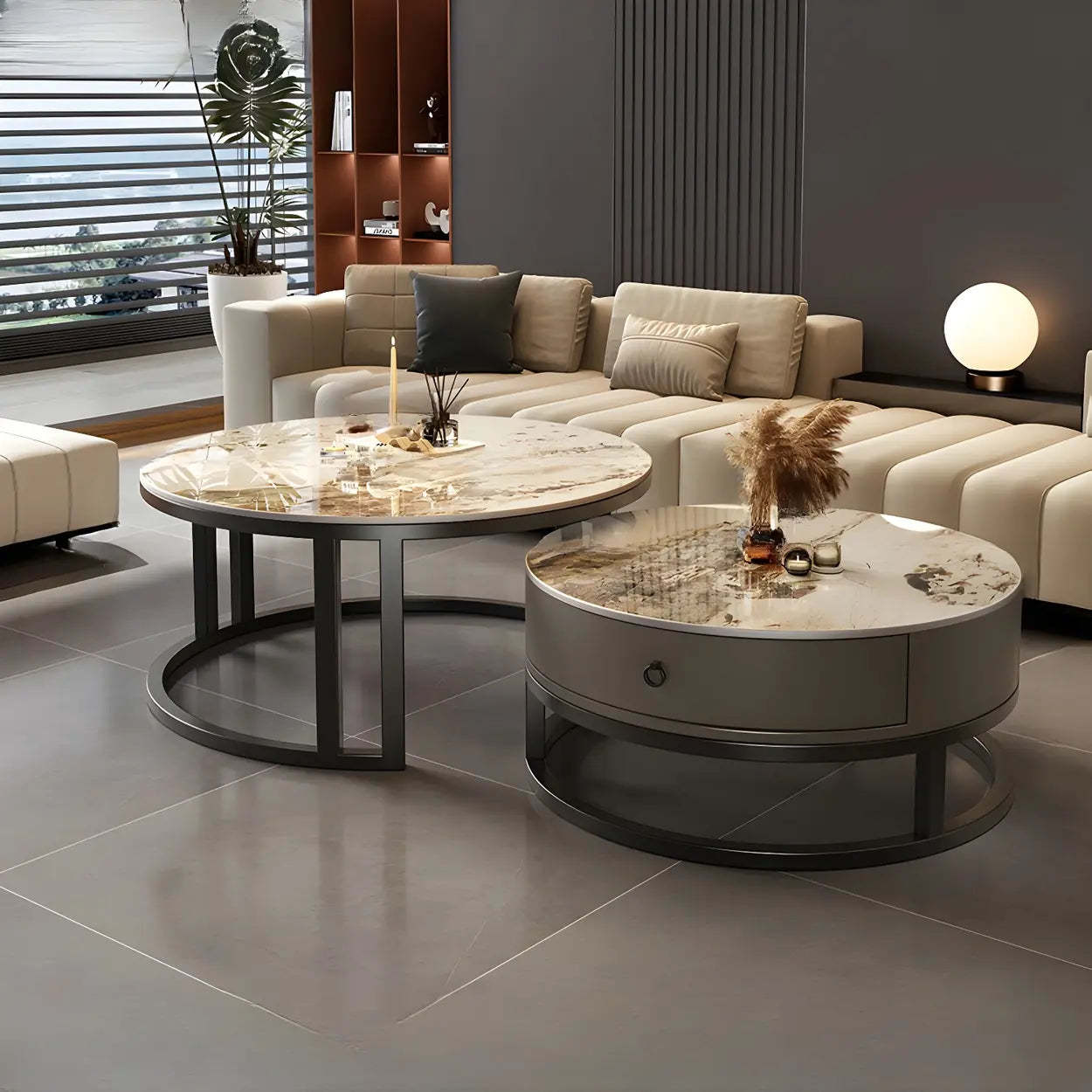 Round Stone Steel Frame Nesting Coffee Tables