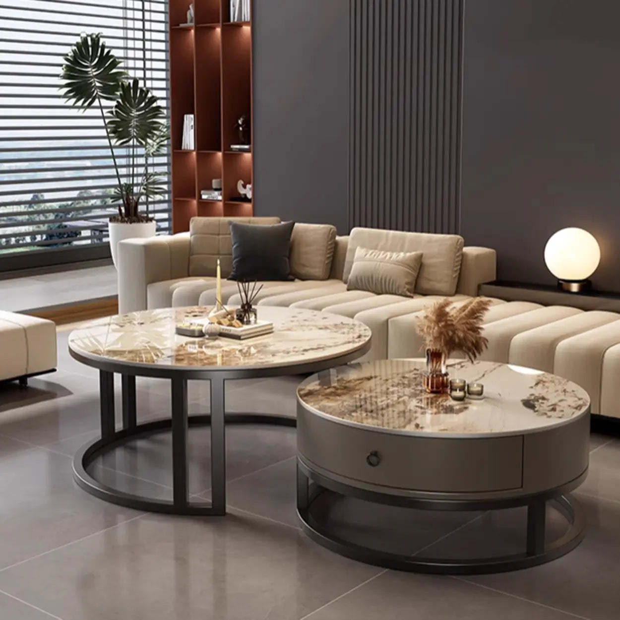 Round Stone Steel Frame Nesting Coffee Tables — Black / Pandora