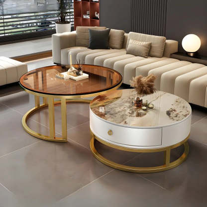 Round Stone Steel Frame Nesting Coffee Tables — Black / Grey/ Black