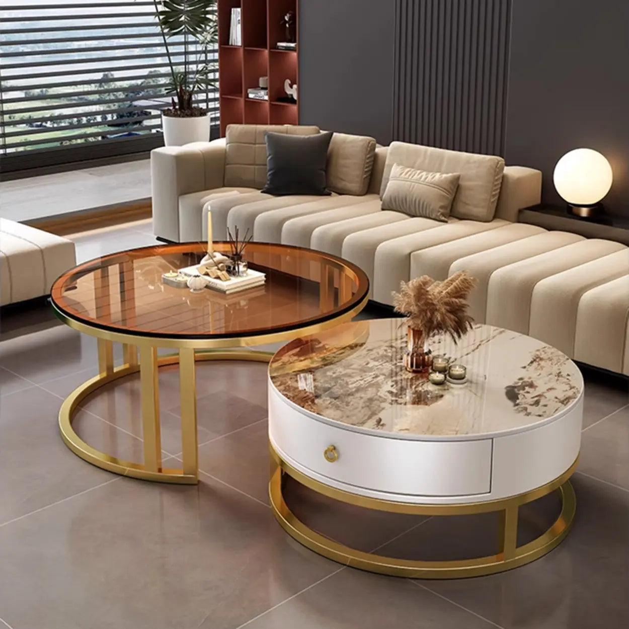 Round Stone Steel Frame Nesting Coffee Tables — Black / White/ White