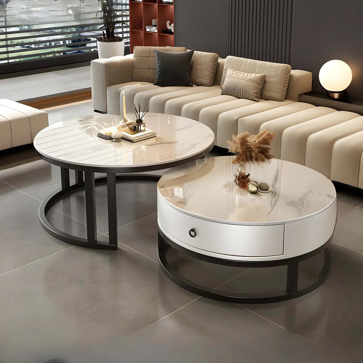 Round Stone Steel Frame Nesting Coffee Tables — Gold / Pandora/ Tawny