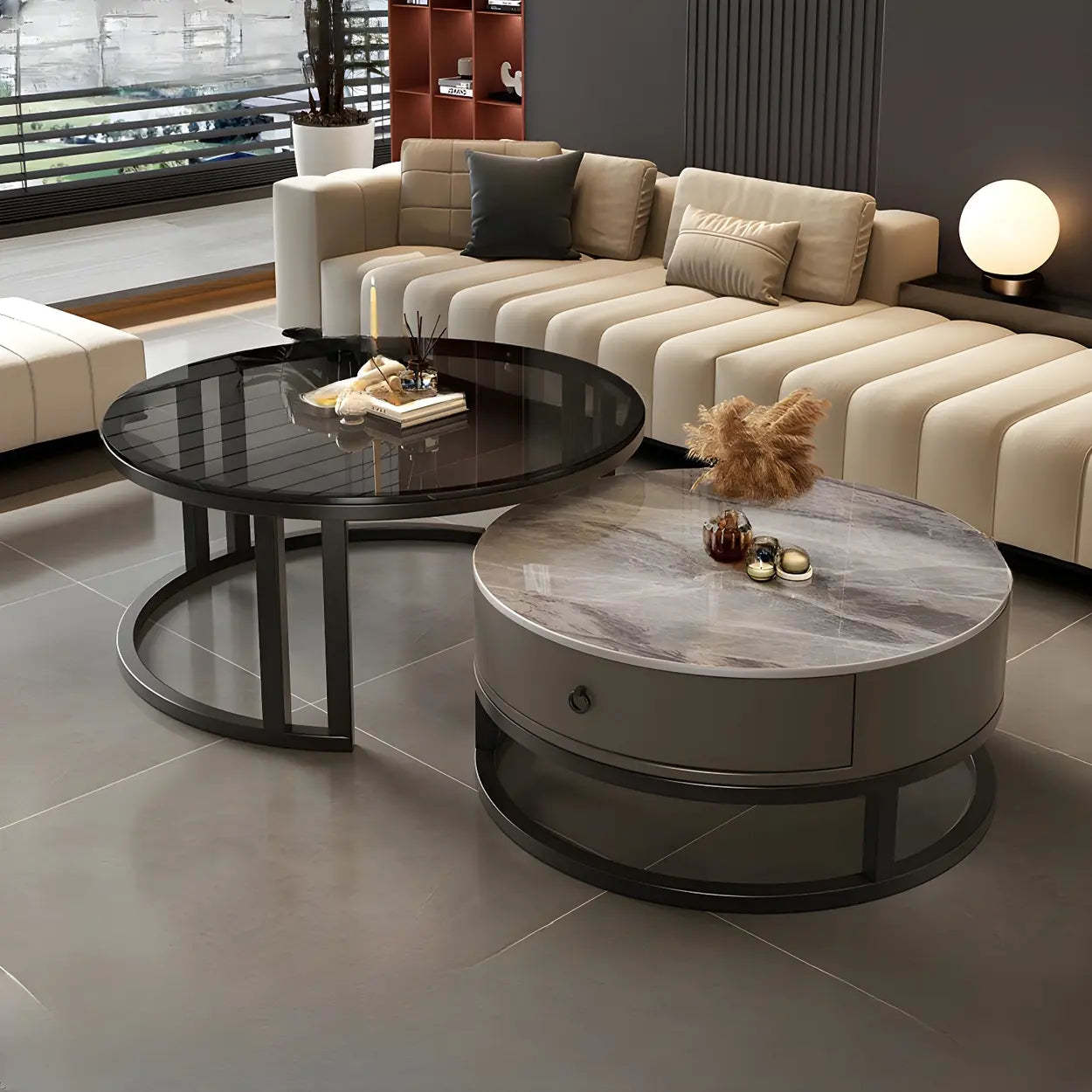 Round Stone Steel Frame Nesting Coffee Tables — Black / Gray
