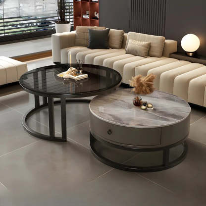 Round Stone Steel Frame Nesting Coffee Tables — Black / Gray