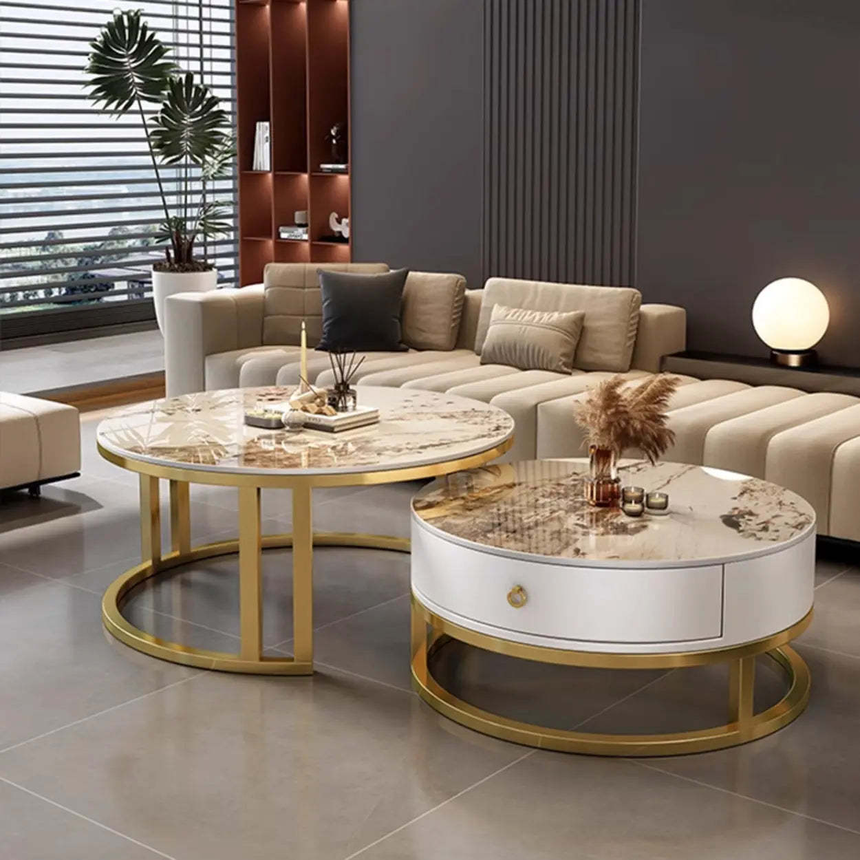 Round Stone Steel Frame Nesting Coffee Tables — Black / White