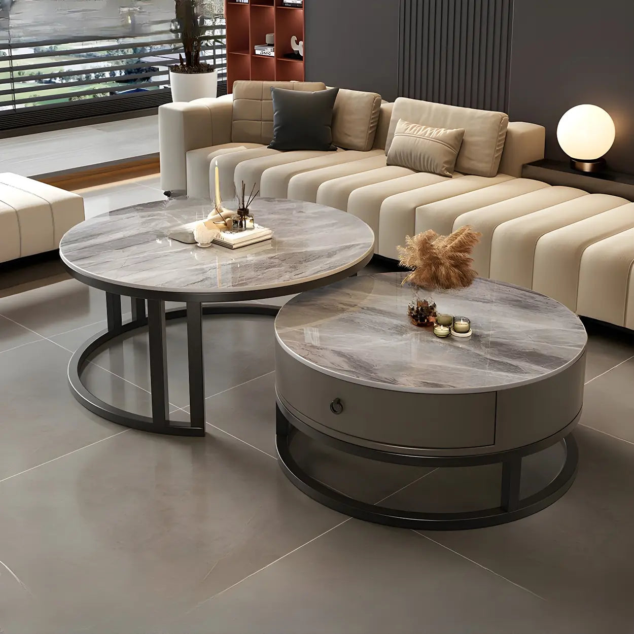 Round Stone Steel Frame Nesting Coffee Tables — Black / Pandora