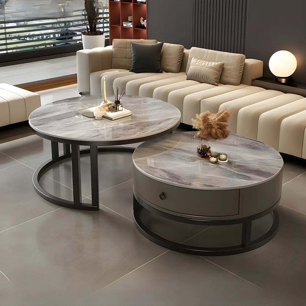 Round Stone Steel Frame Nesting Coffee Tables — Black / Pandora
