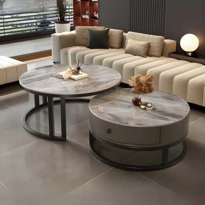 Round Stone Steel Frame Nesting Coffee Tables — Black / Pandora