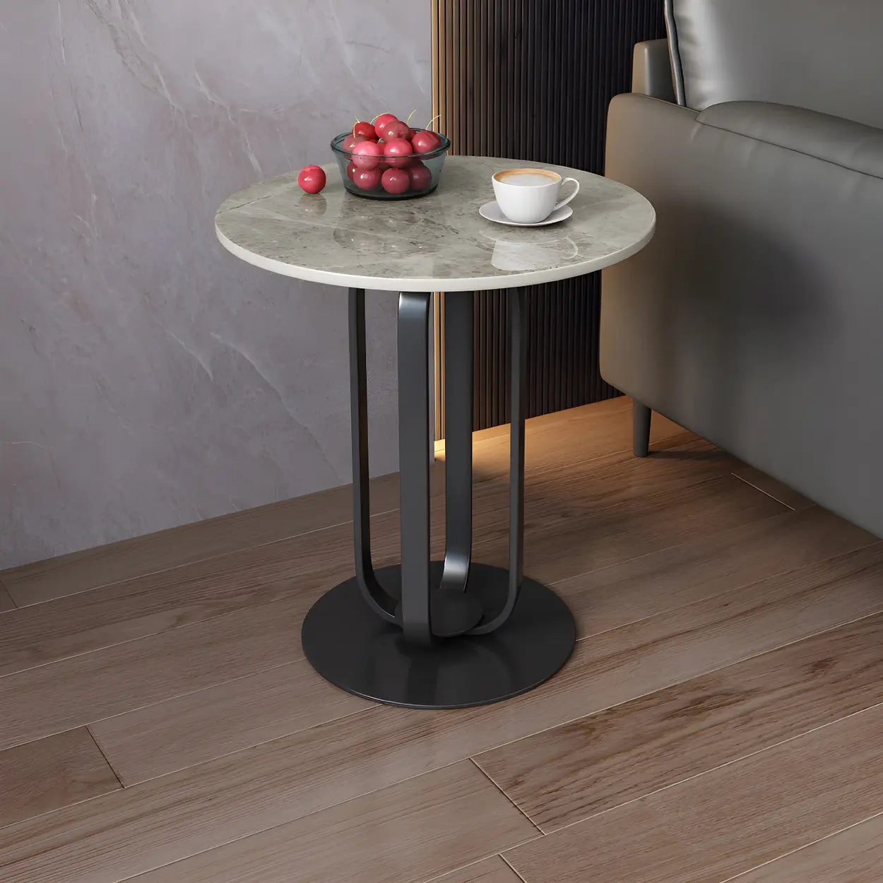 Round Stone Top Black Steel Pedestal Side Table — Black / Beige