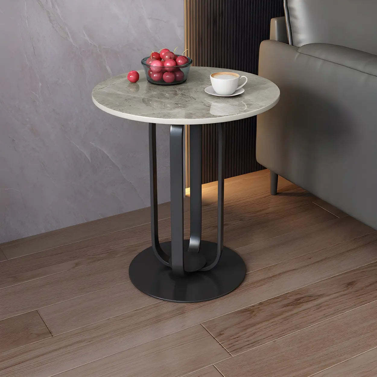 Round Stone Top Black Steel Pedestal Side Table — Black / Beige