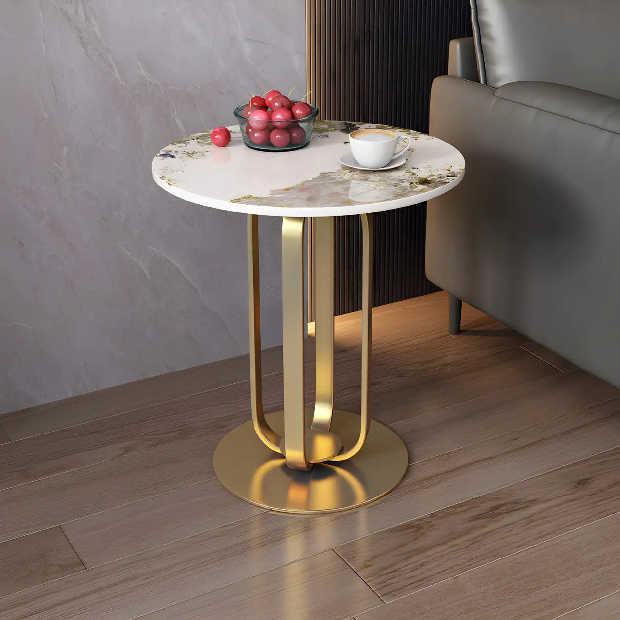 Round Stone Top Black Steel Pedestal Side Table — Gold / Gray