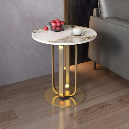 Round Stone Top Black Steel Pedestal Side Table — Gold / Gray