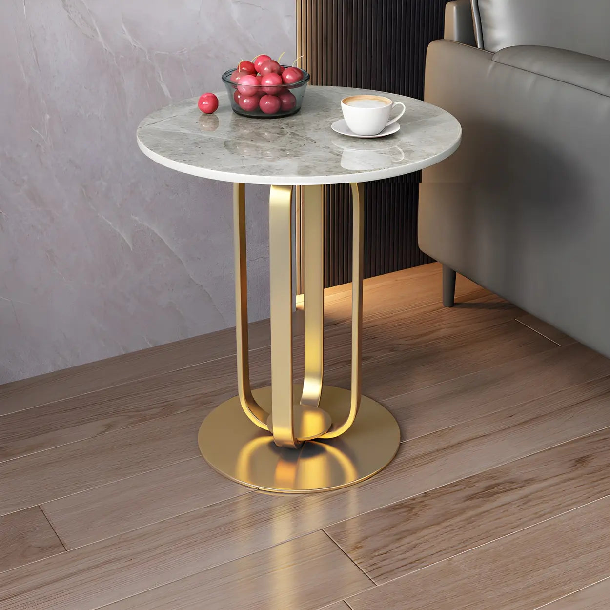 Round Stone Top Black Steel Pedestal Side Table — Black / Gray