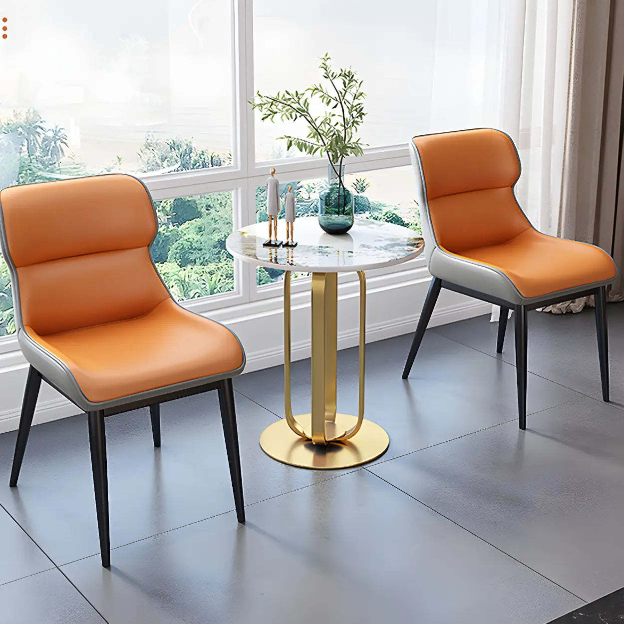 Round Stone Top Black Steel Pedestal Side Table — Gold / Gray