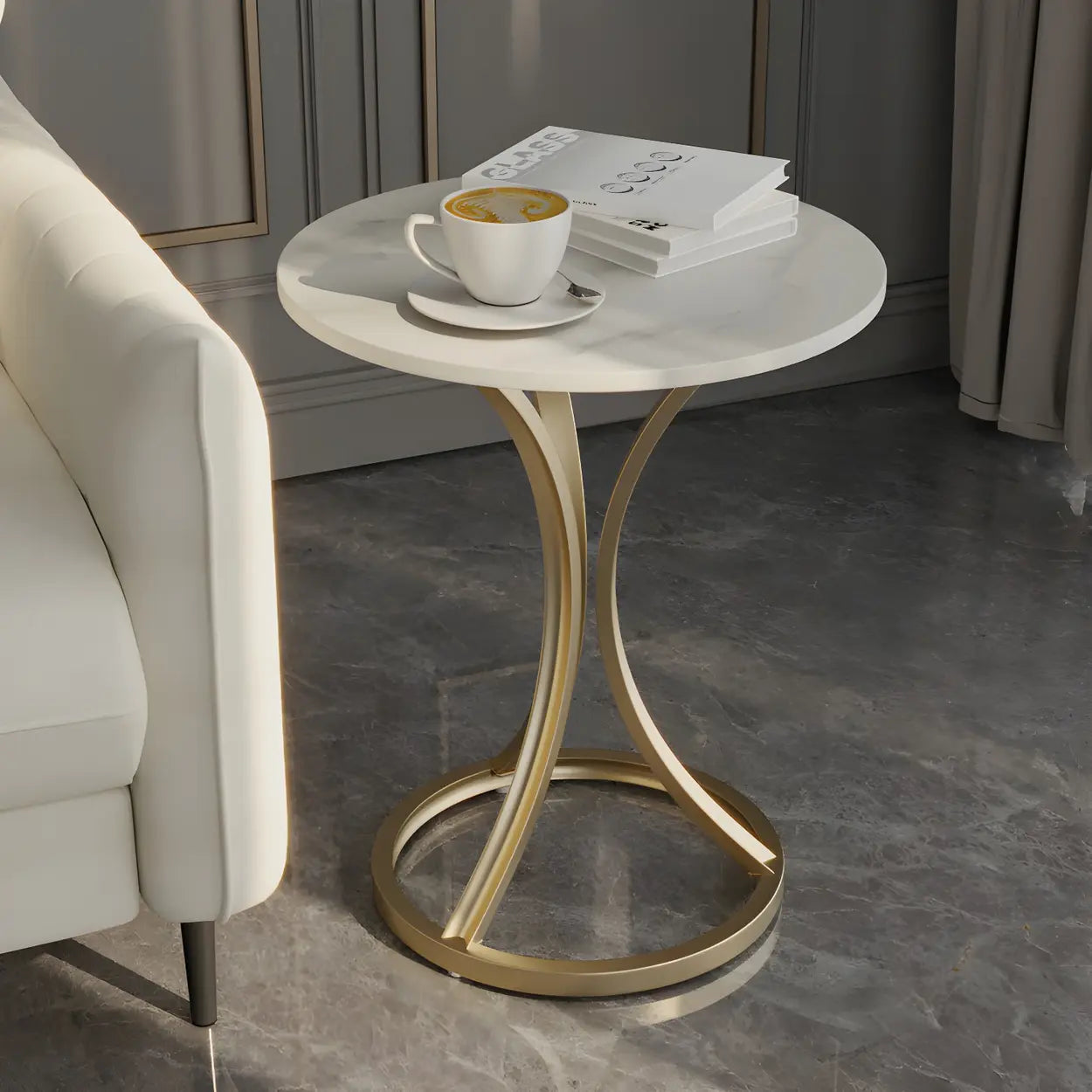 Round Stone-Top Gold Metal End Table — Black / Gray