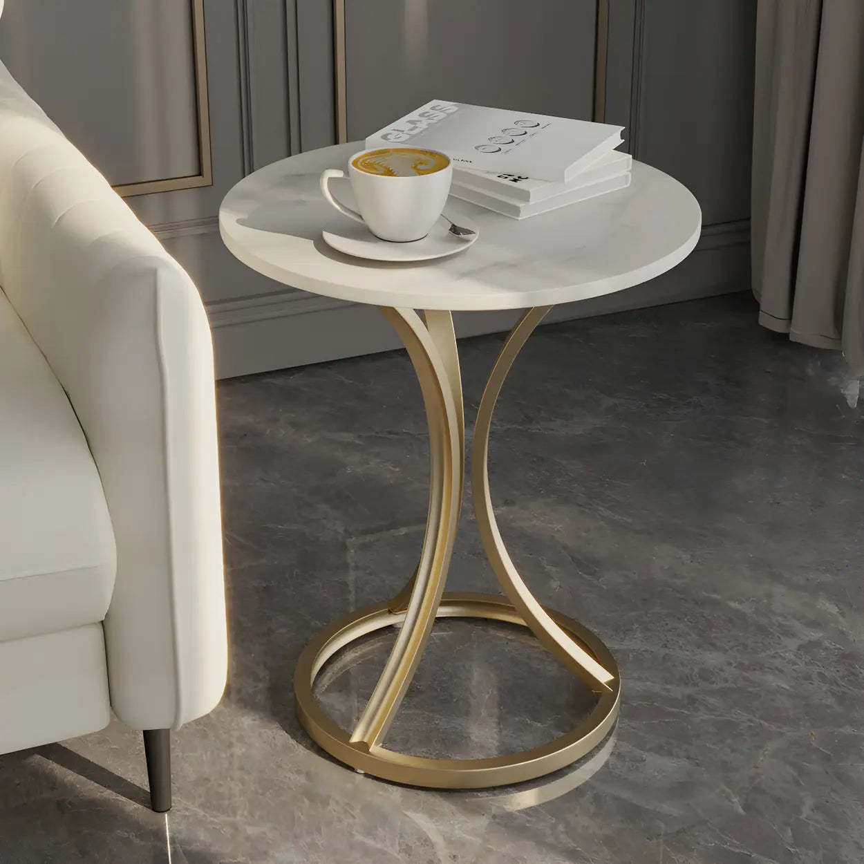 Round Stone-Top Gold Metal End Table — Black / Gray