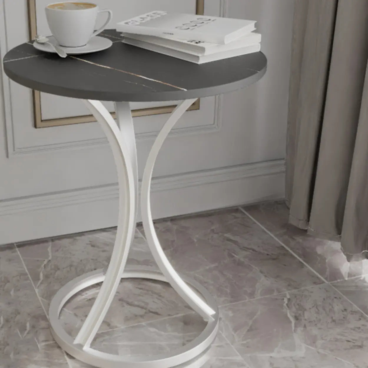Round Stone-Top Gold Metal End Table — Black / White