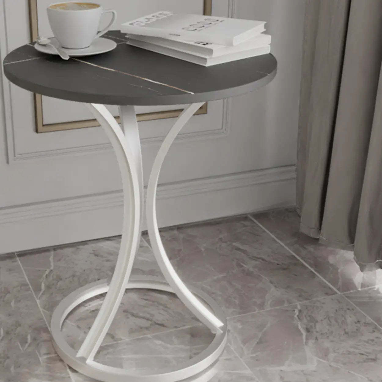 Round Stone-Top Gold Metal End Table — Black / White